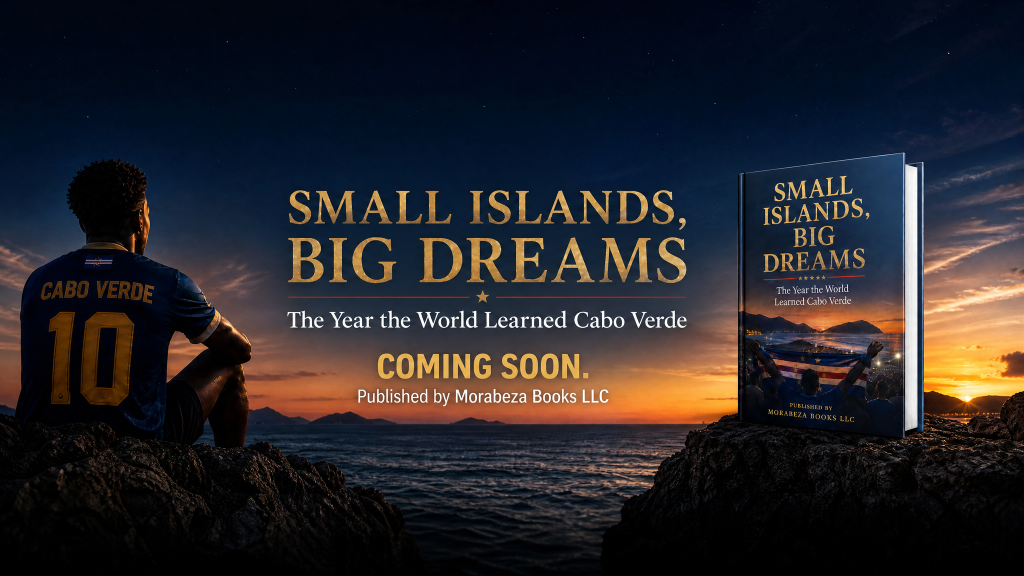 Cabo Verde national soccer team jersey and Small Islands, Big Dreams book cover at sunset, from Morabeza Books